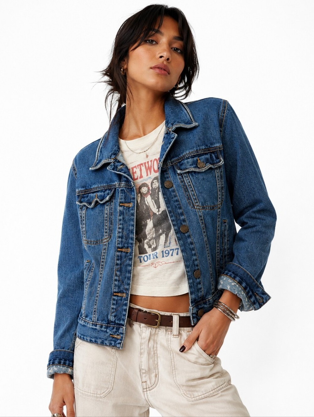 Free People Medium Wash Denim Trucker Jacket Floral Trim Size M